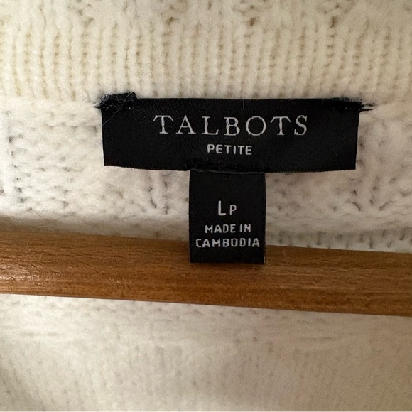 Talbots Ivory Blue Full Zip Fair Isle Cable Knit Cardigan Sweater Fisherman Soft - Picture 16 of 16
